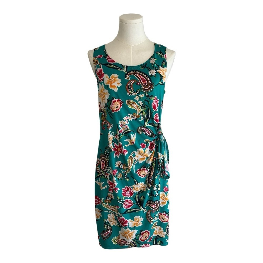 ROBBIE BEE Teal Floral Tie Waist Stretch Faux Wrap Dress Size PM medium Petite
